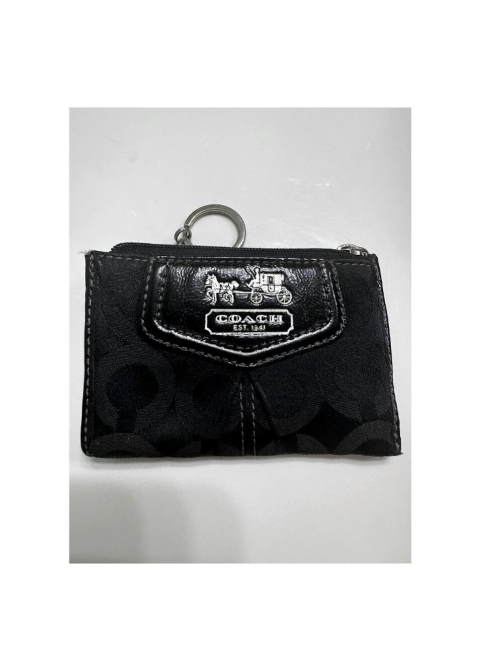 Coach Mini Skinny ID Case Black Signature Jacquard Coin Purse Card Key Ring